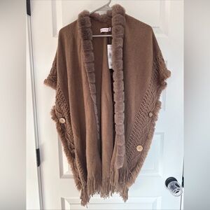 Brown Knit and Fur Shawl with Fringe One Size